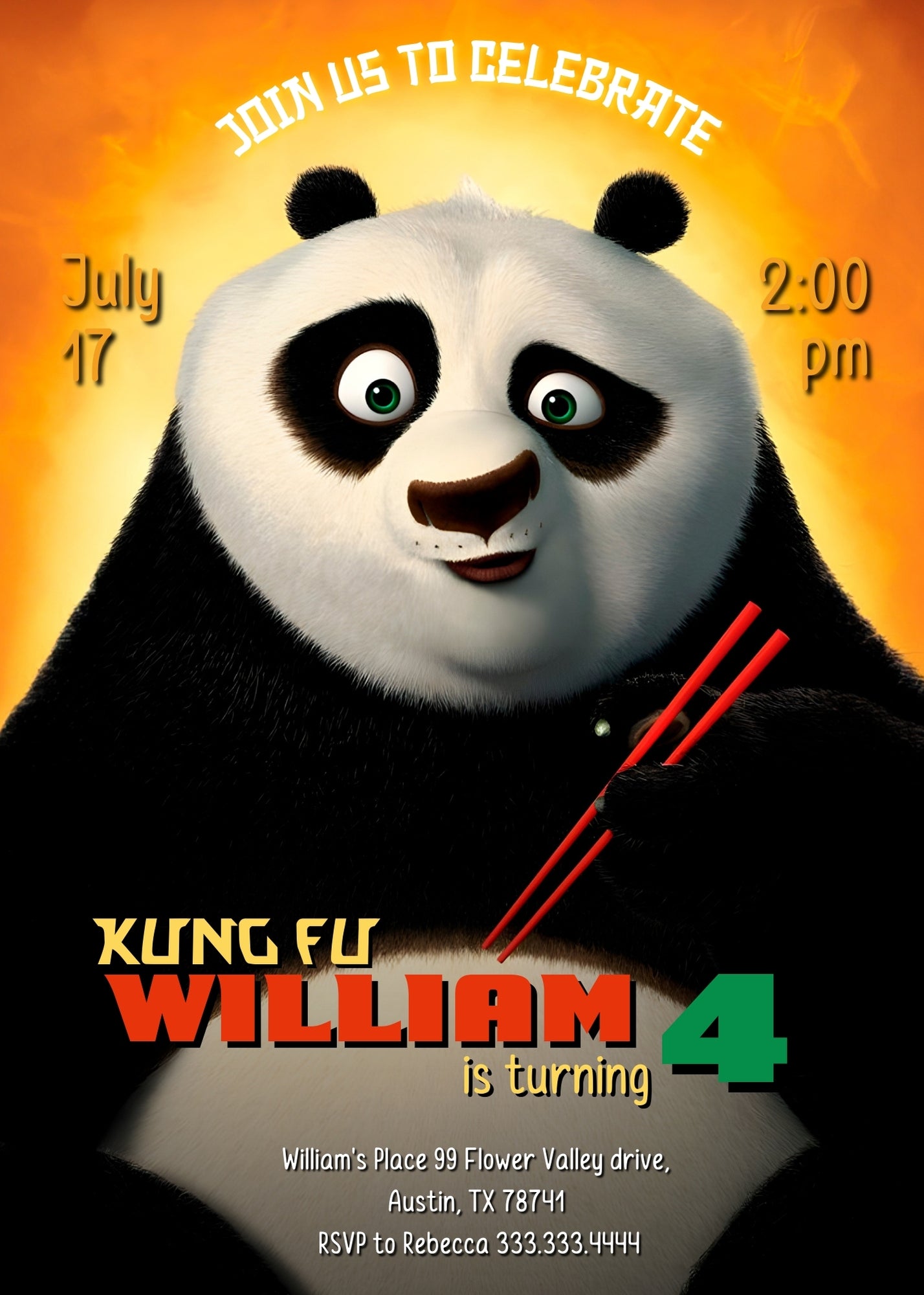 Kung Fu Panda Po customizable invitation template | Share or Print | XZ635