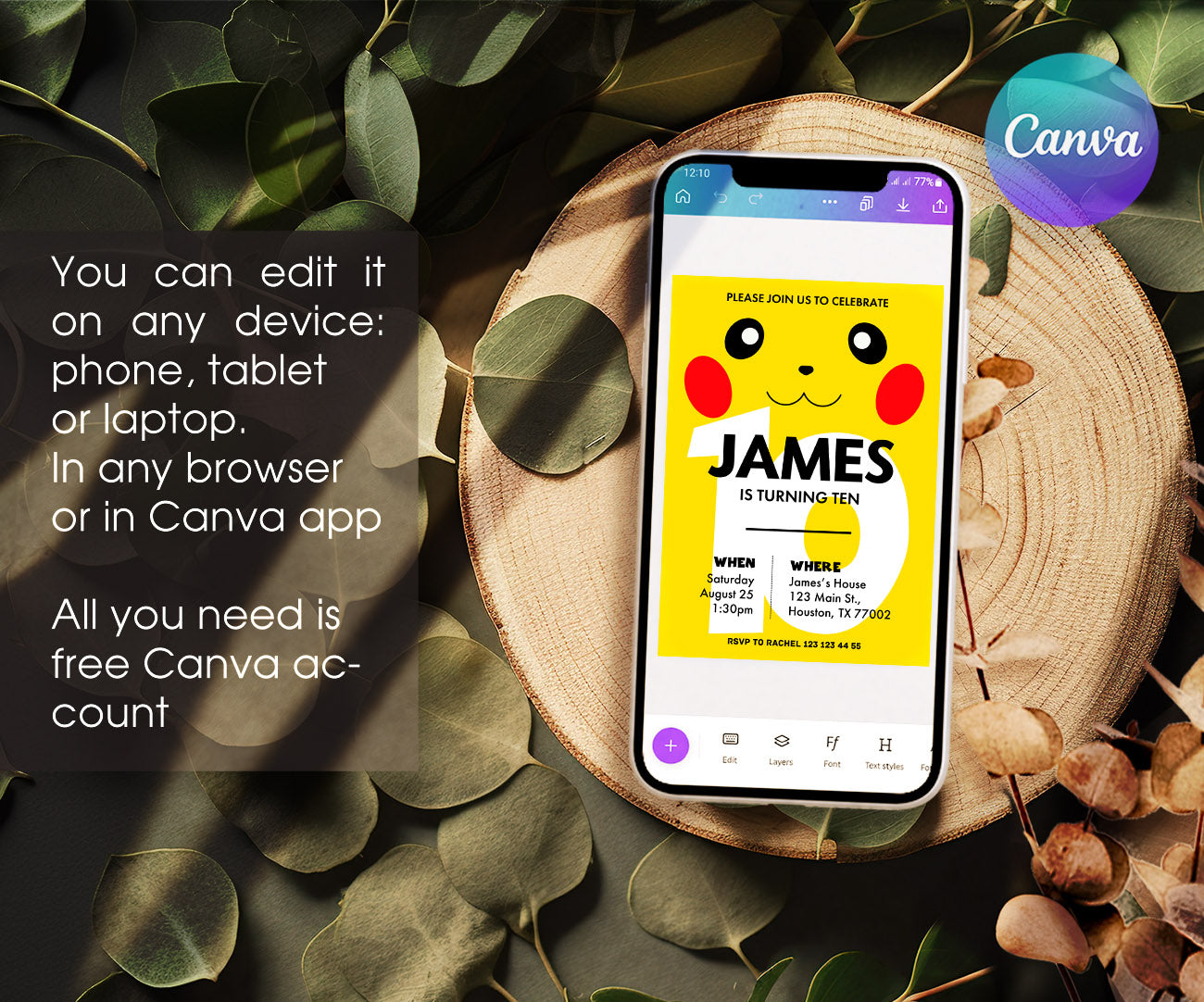 Pokemon Pikachu customizable invitation template | Share or Print | AR442