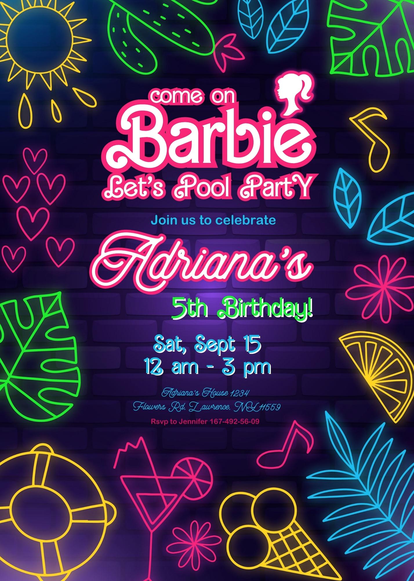 Barbie Pool Pink customizable invitation template | Share or Print | girl | OK645