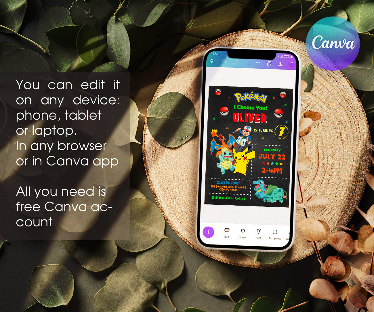 Pokemon Pikachu customizable invitation template | Share or Print | JO592