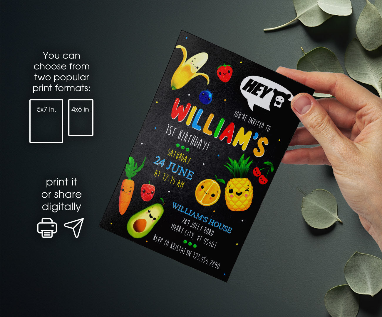 Hey Bear Sensory Dancing Fruits customizable invitation template | Share or Print | MY779
