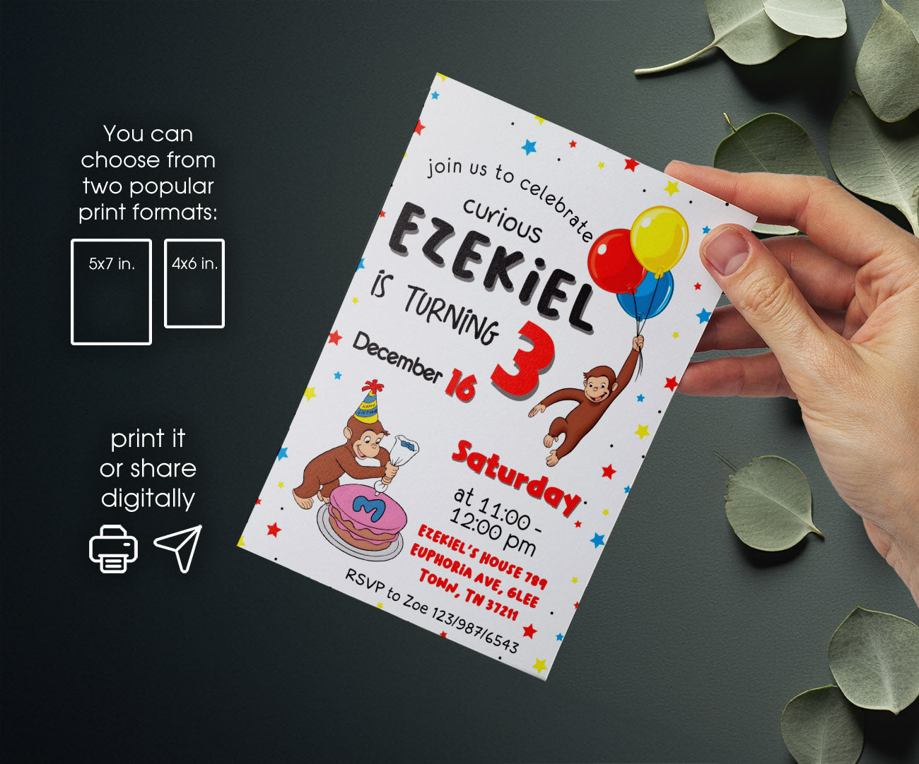 Curious George Monkey customizable invitation template | Share or Print | HA546