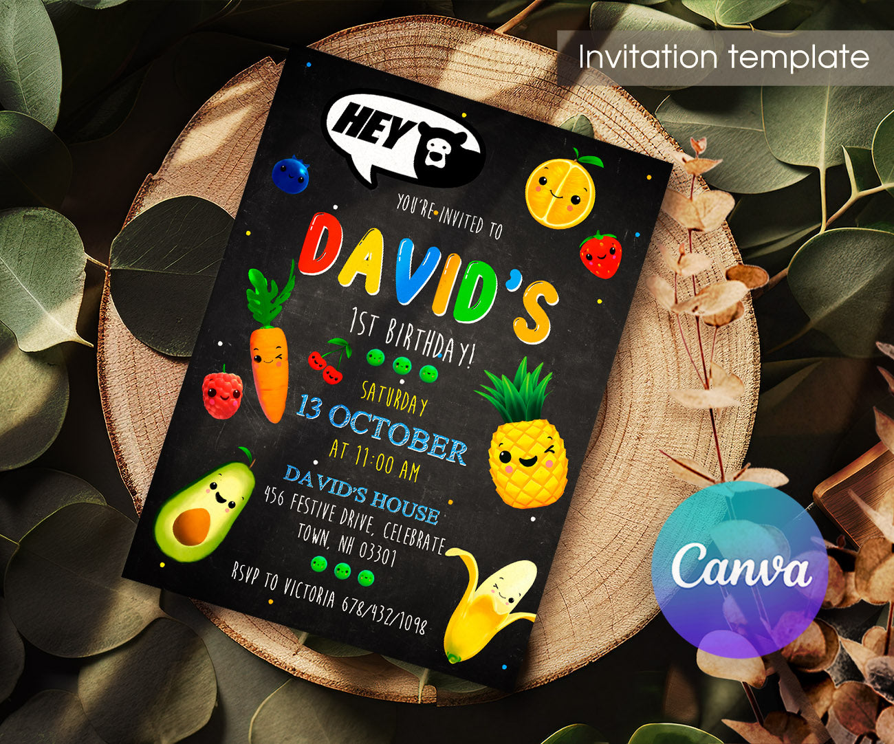 Hey Bear Sensory Dancing Fruits customizable invitation template | Share or Print | MP594