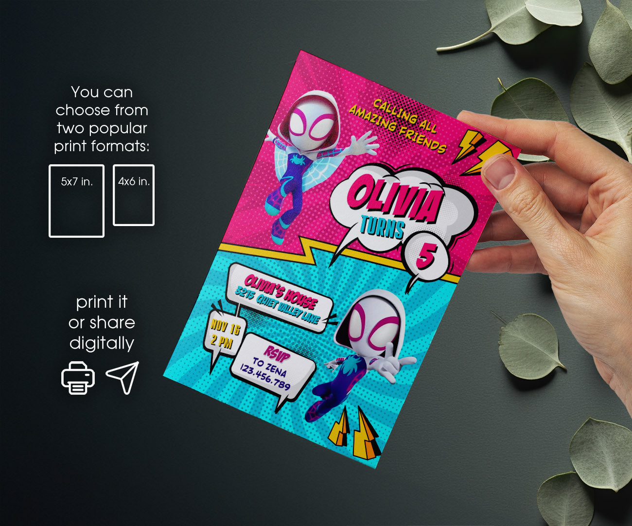 Spider Gwen Ghost Spidey customizable invitation template | Share or Print | girl | UR901