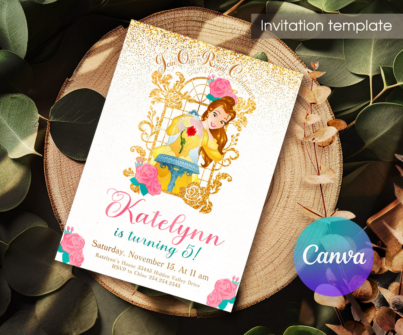 Belle Beauty And The Beast customizable invitation template | Share or Print | girl | NG254