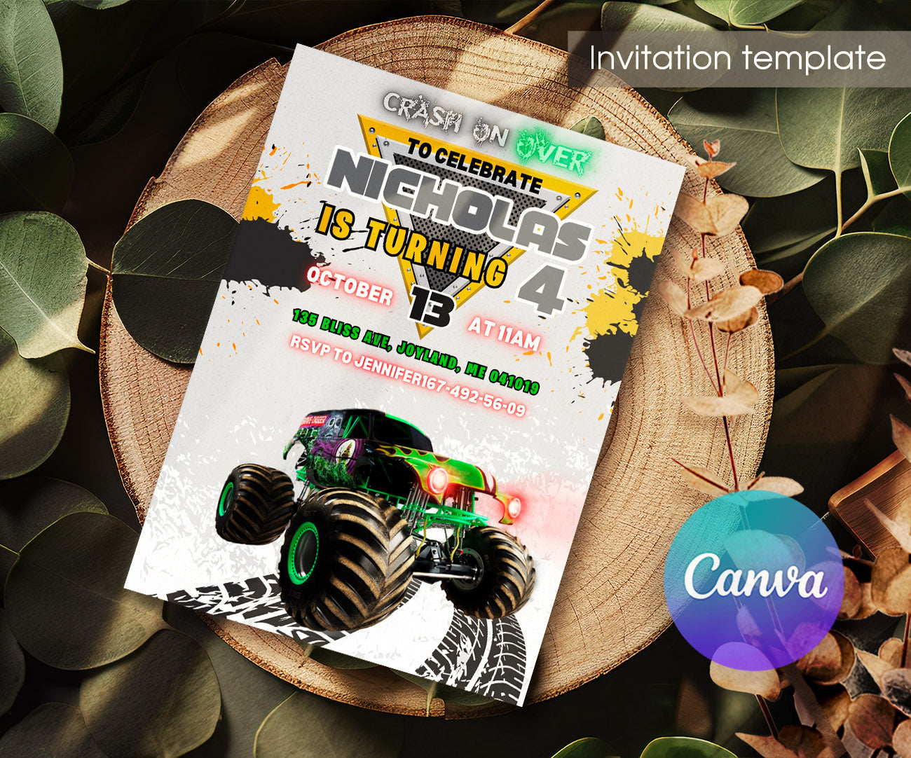 Garve Digger Monster Jam Truck customizable invitation template | Share or Print | boy | TI449