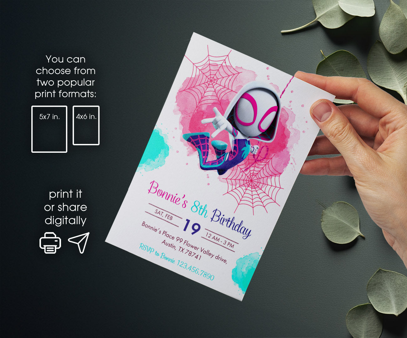 Spider Gwen Ghost Spidey customizable invitation template | Share or Print | girl | JI814