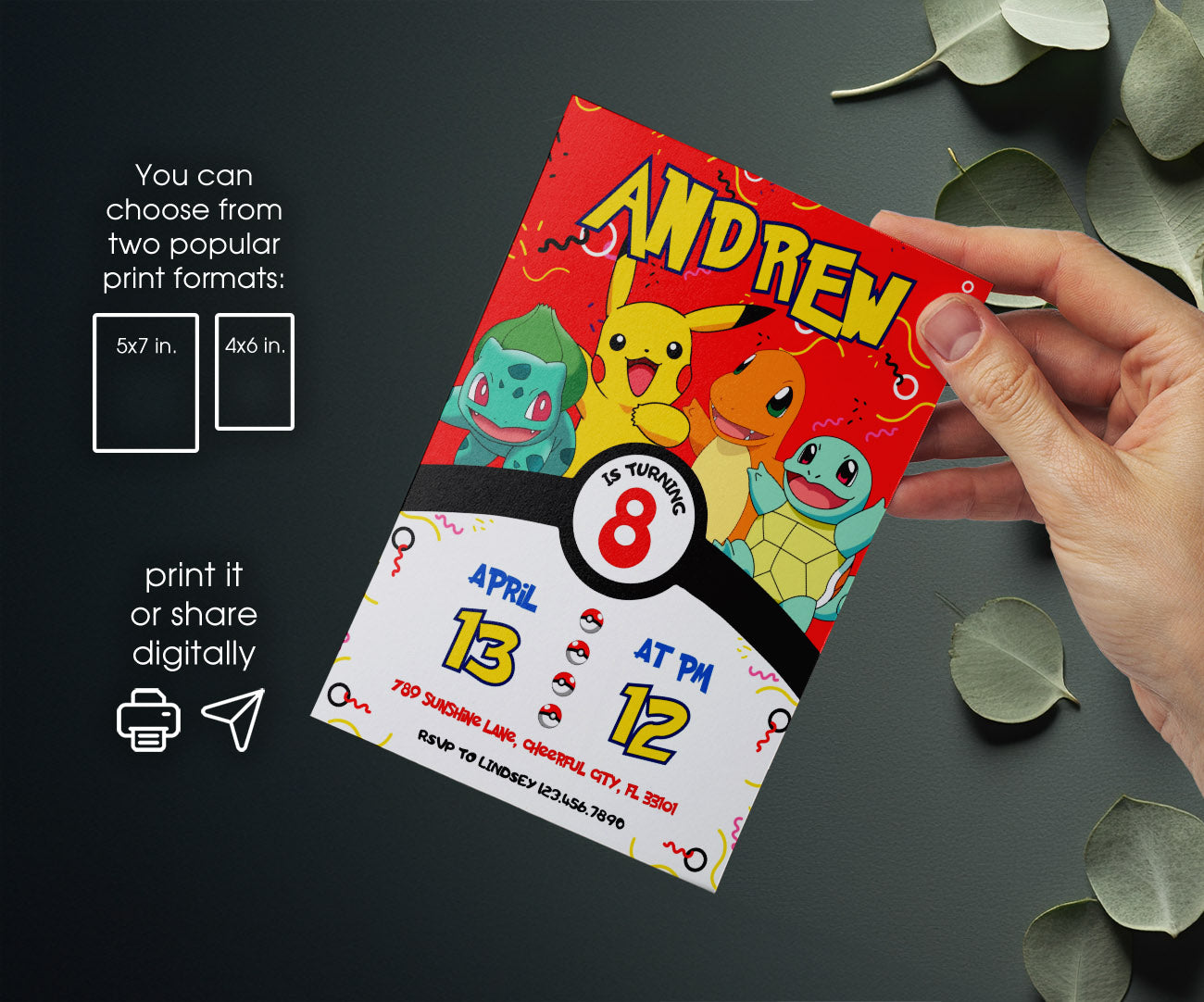 Pokemon Pikachu customizable invitation template | Share or Print | HL429