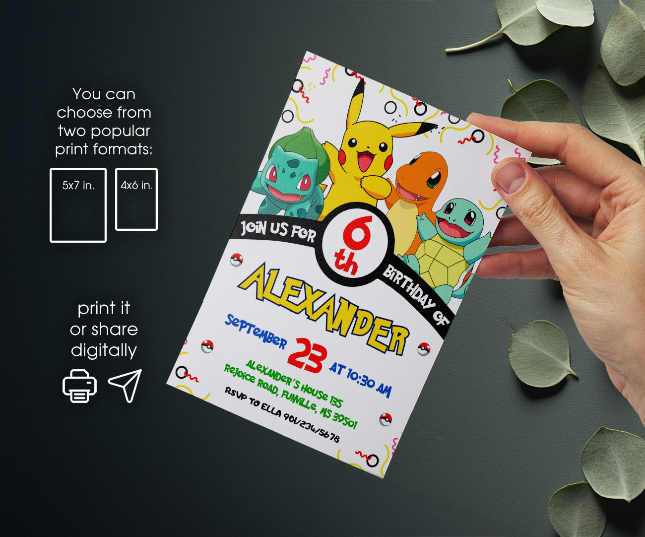 Pokemon Pikachu customizable invitation template | Share or Print | DQ231