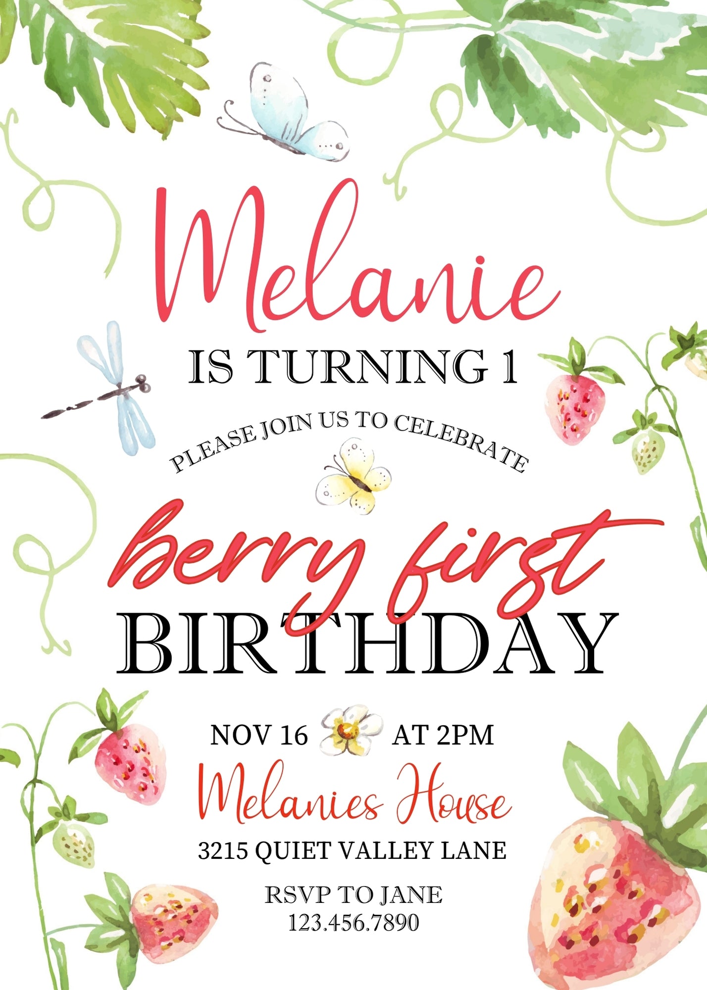 Berry First Birthday customizable invitation template | Share or Print | girl | GR803