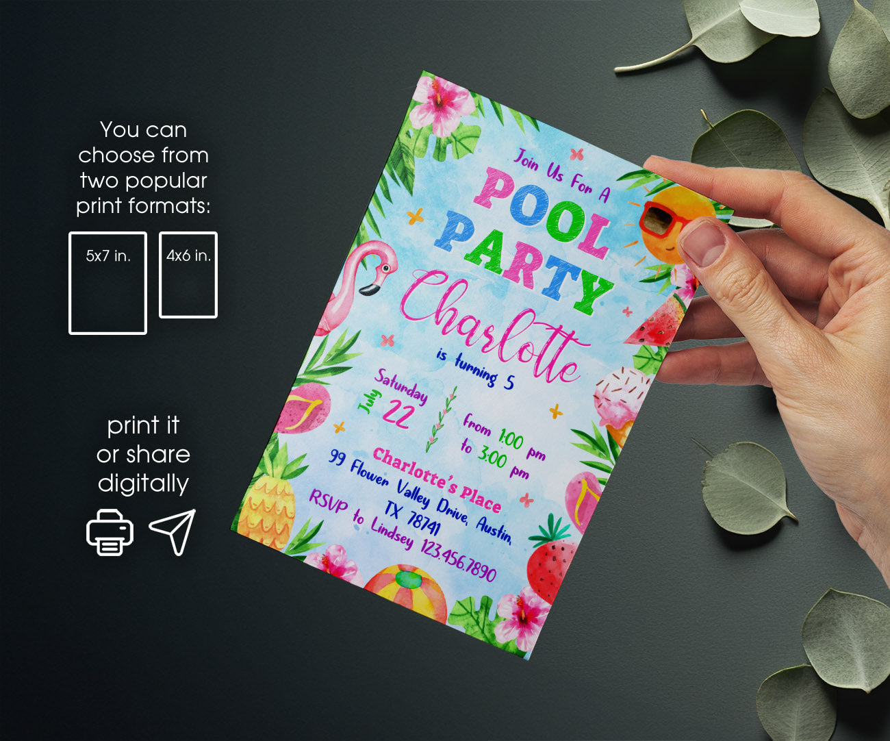 Pool Party customizable invitation template | Share or Print | girl | DL183