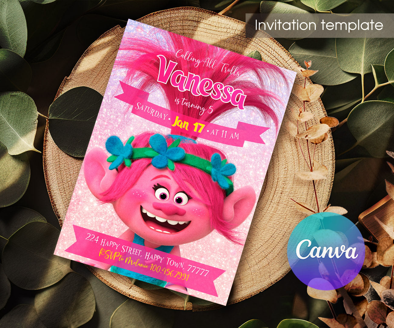 Trolls Poppy customizable invitation template | Share or Print | NE504