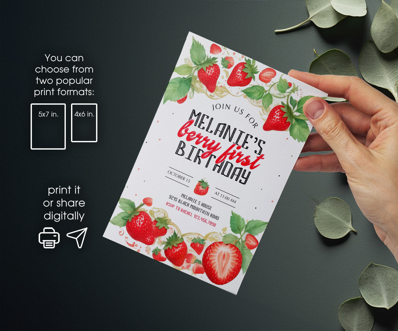 Berry First Birthday customizable invitation template | Share or Print | girl | IE937