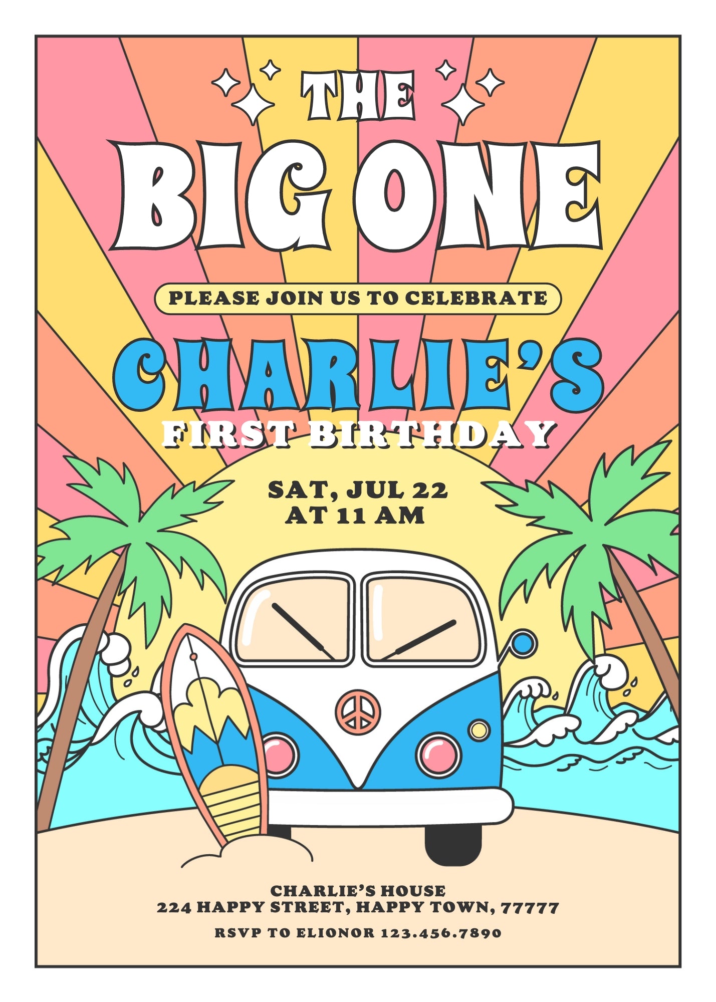 Groovy 1st Surfvan Surfing customizable invitation template | Share or Print | DM361
