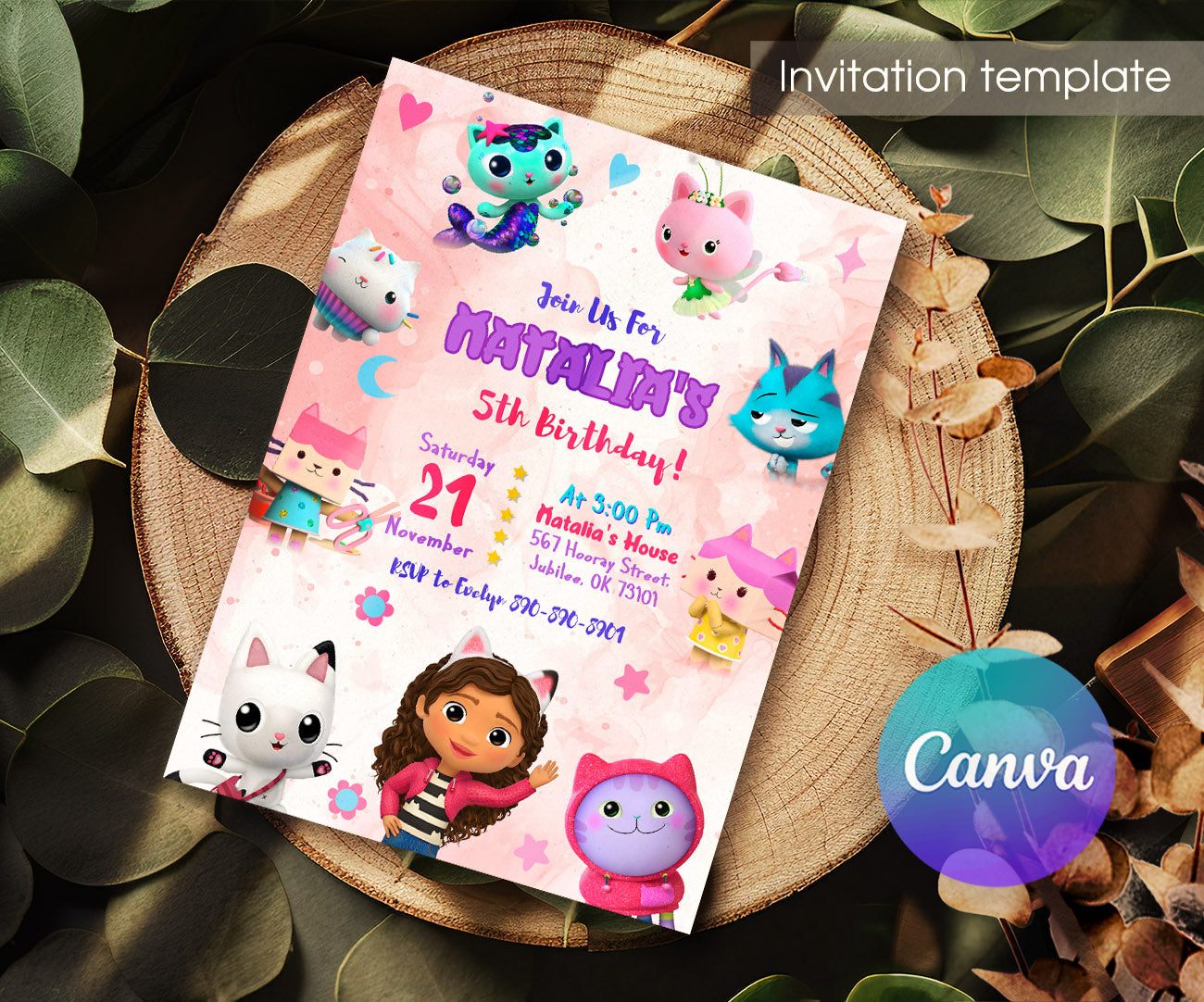 Gabby's Dollhouse Kitten customizable invitation template | Share or Print | girl | DT958
