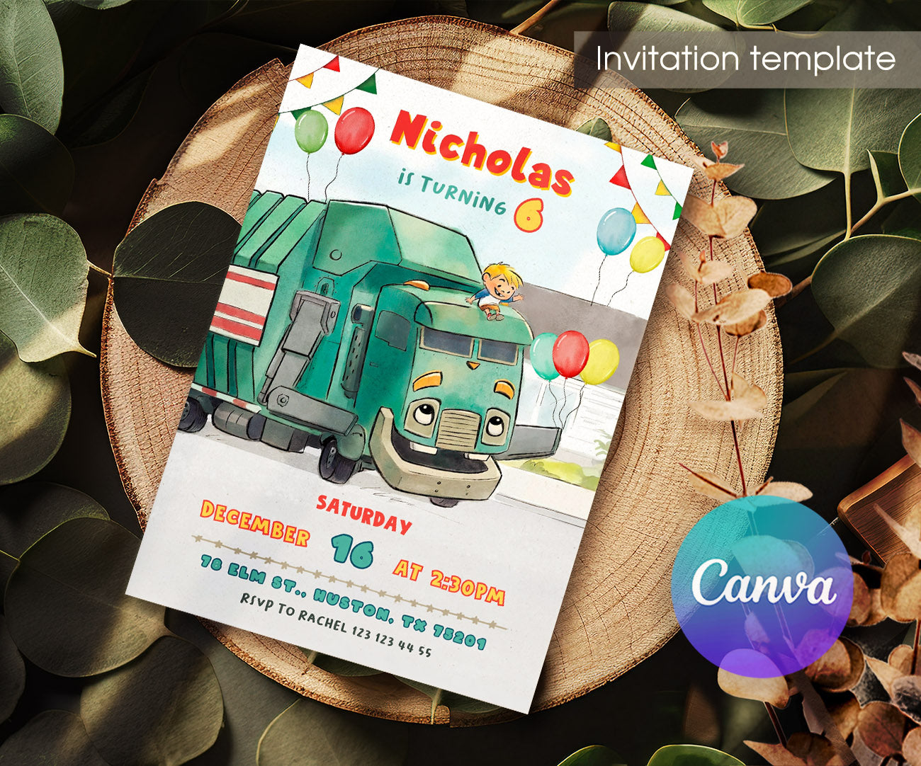 Trash Green Truck customizable invitation template | Share or Print | SQ961