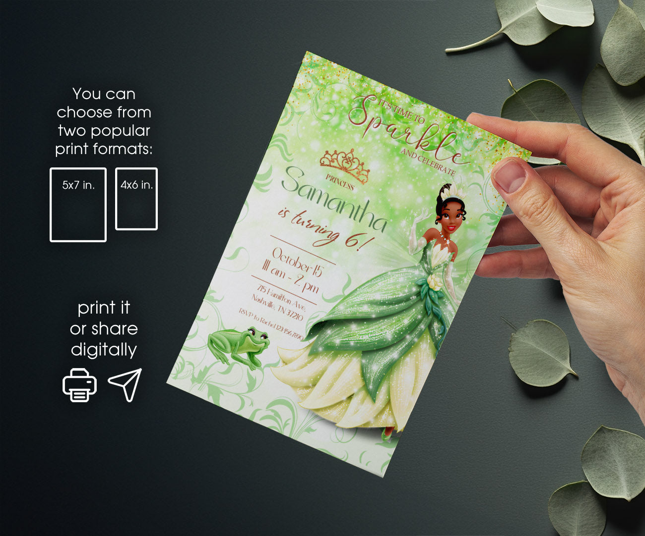 Tiana Frog Princess customizable invitation template | Share or Print | girl | LV776