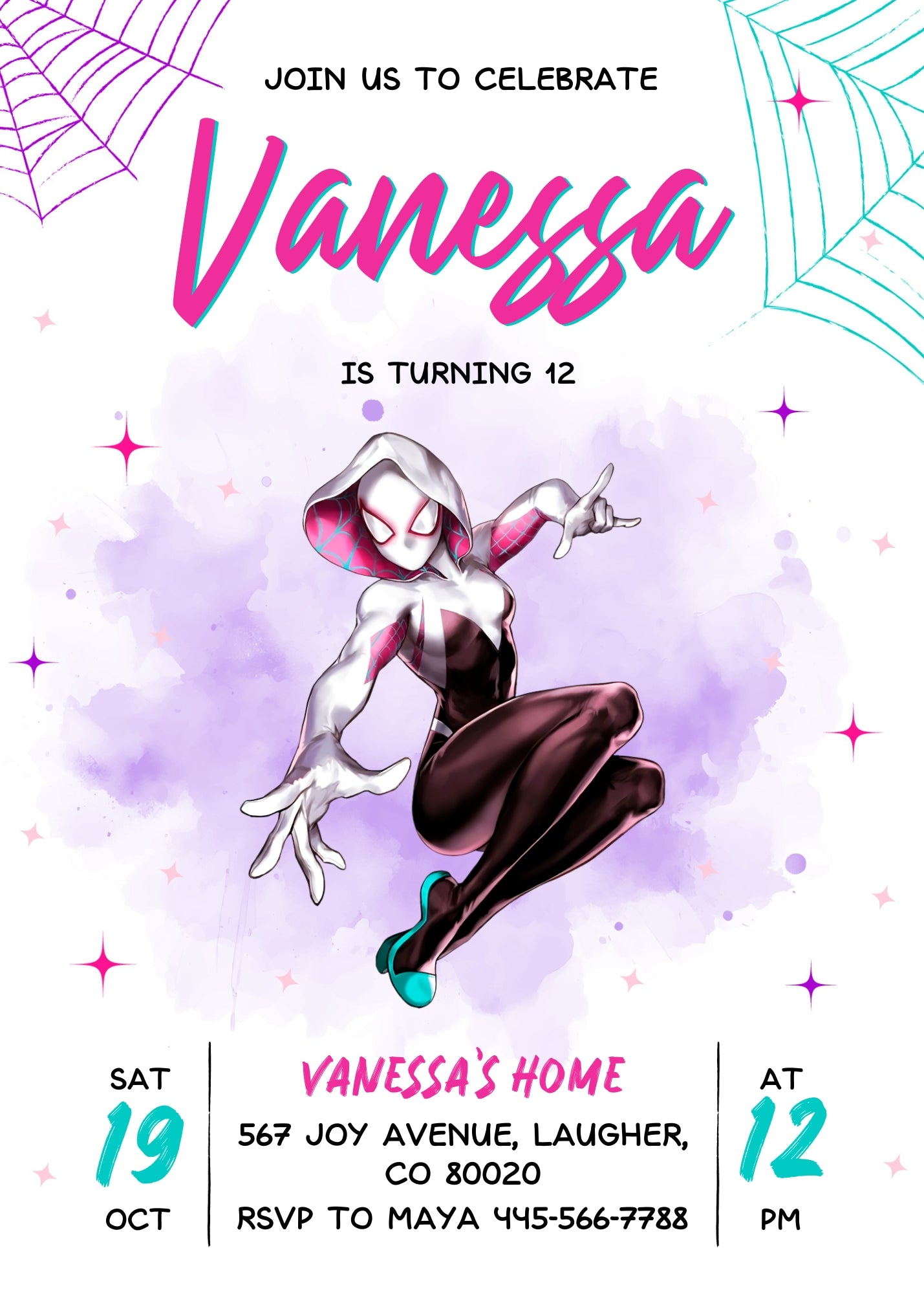 Spider Gwen Ghost Spidey customizable invitation template | Share or Print | girl | LX906