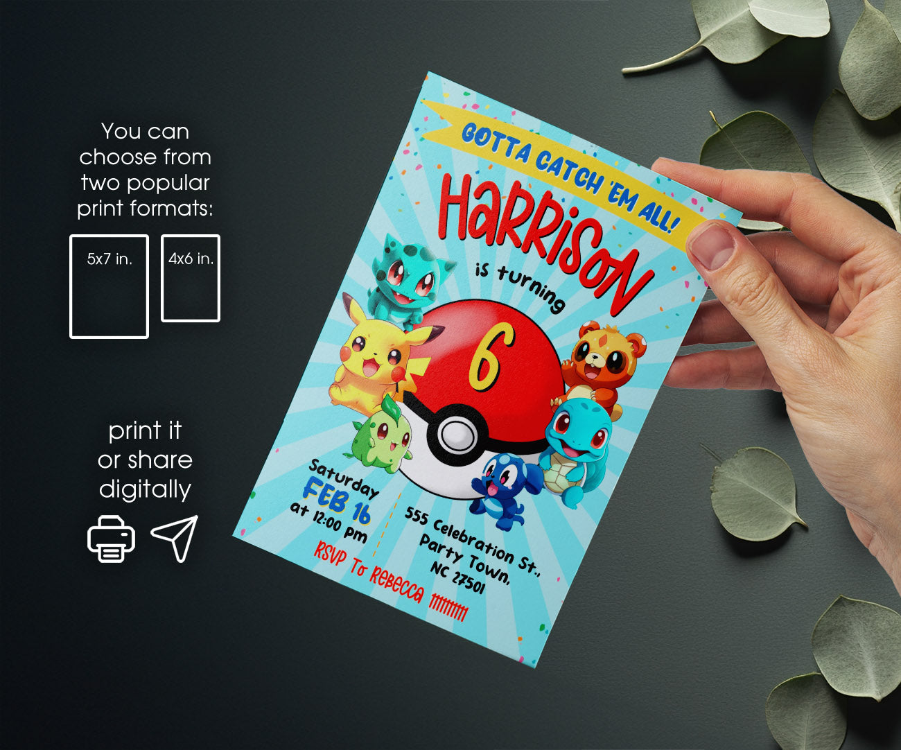 Pokemon Pikachu customizable invitation template | Share or Print | BW043