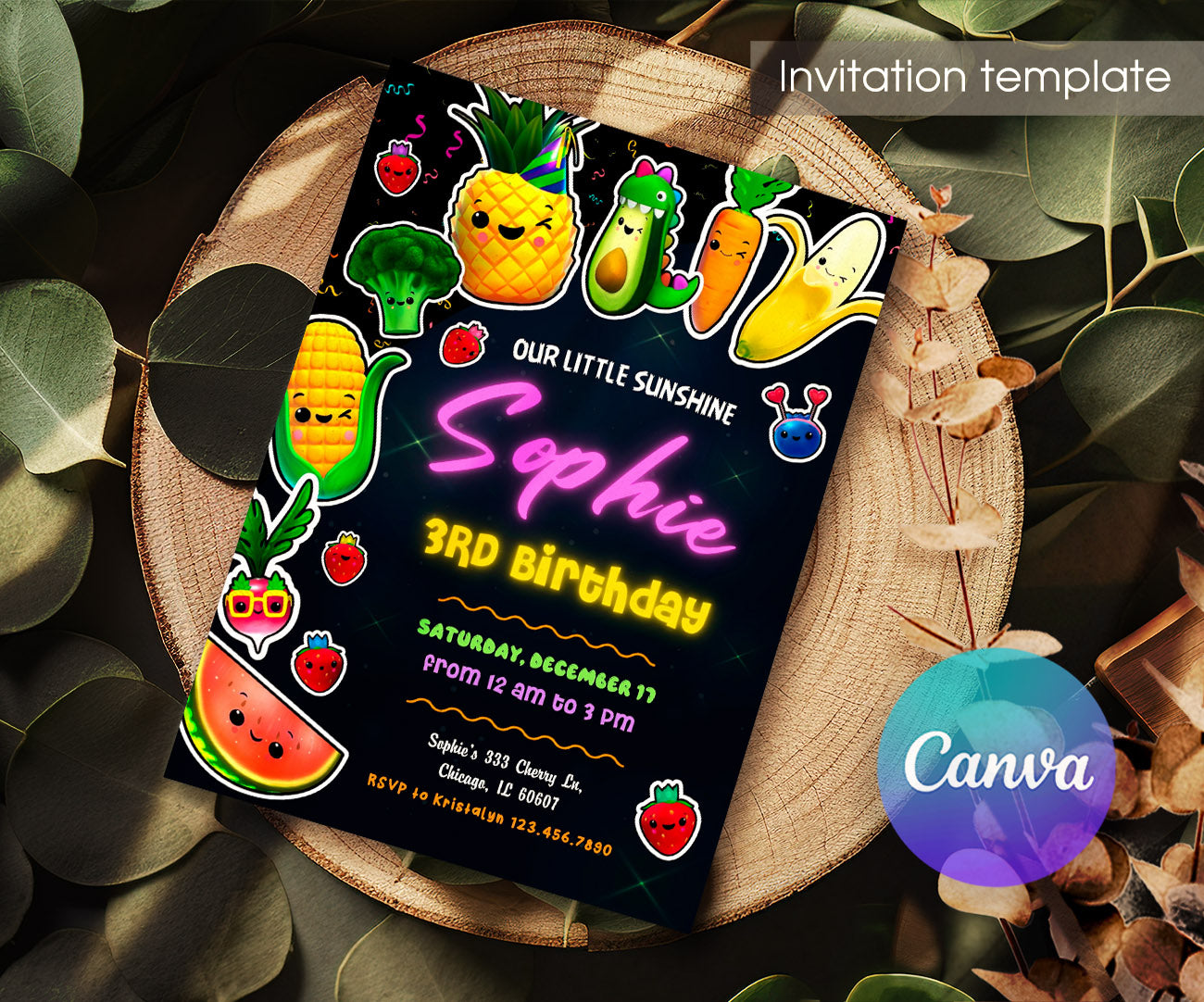 Hey Bear Sensory Dancing Fruits customizable invitation template | Share or Print | OR094