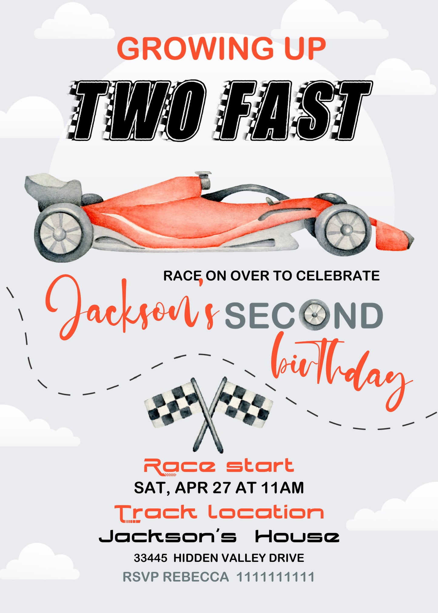 Race Car 2nd Bday Watercolor customizable invitation template | Share or Print | boy | SY090