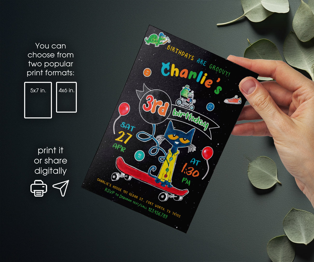 Pete the Cat customizable invitation template | Share or Print | CB452