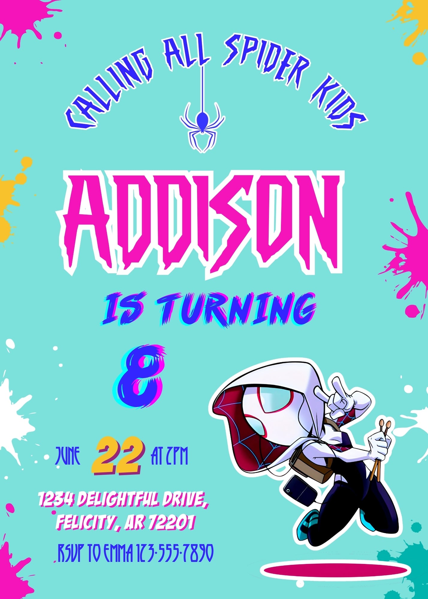 Spider Gwen Ghost Spidey customizable invitation template | Share or Print | girl | JS346