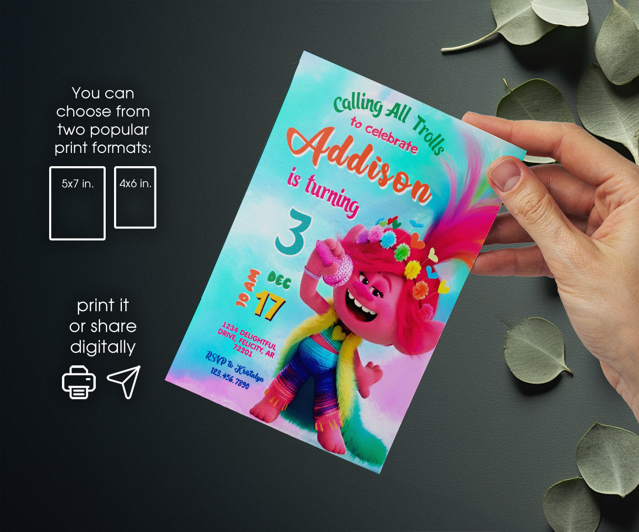 Trolls Poppy customizable invitation template | Share or Print | MC710