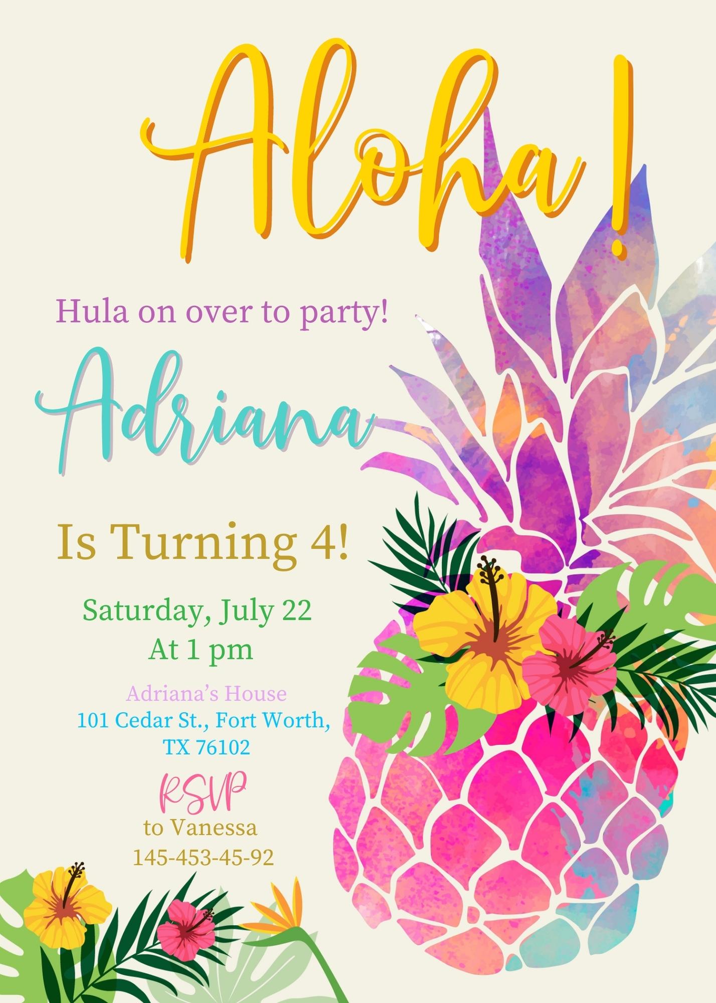 Aloha Luau Party customizable invitation template | Share or Print | girl | NA004