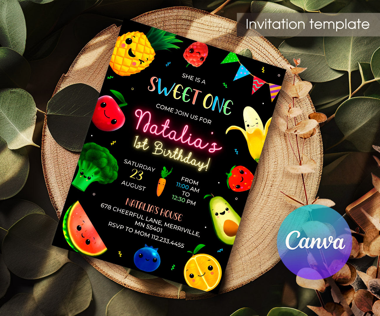 Hey Bear Sensory Dancing Fruits customizable invitation template | Share or Print | IS403