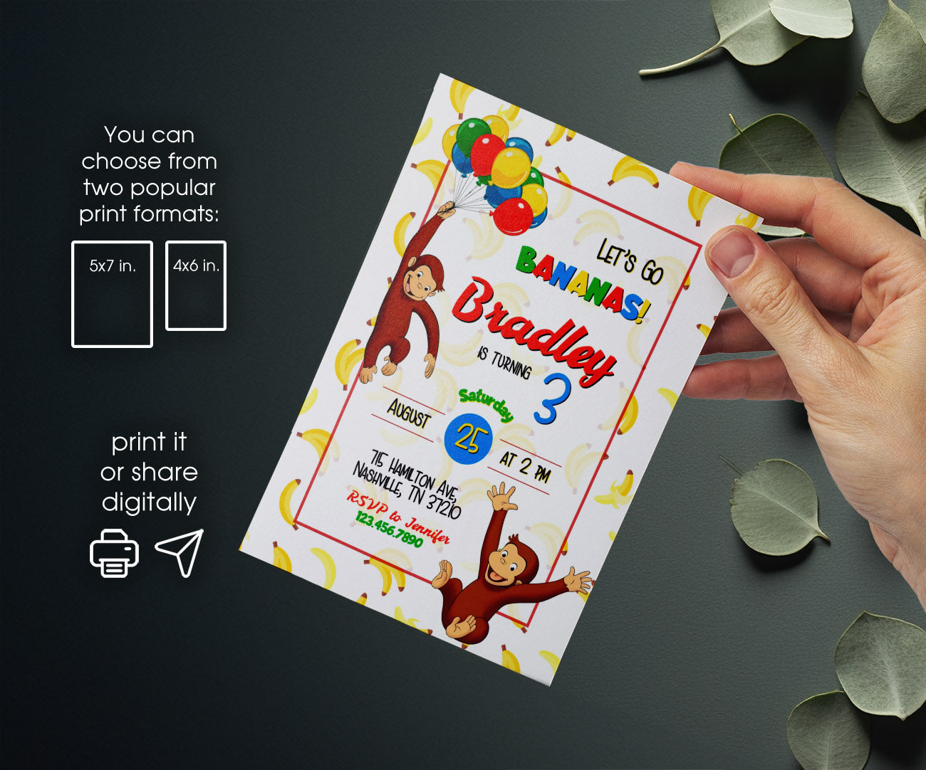 Curious George Monkey customizable invitation template | Share or Print | WT262