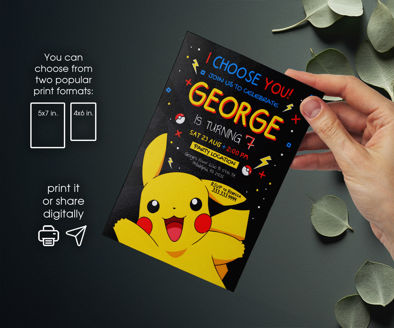 Pokemon Pikachu customizable invitation template | Share or Print | NU383