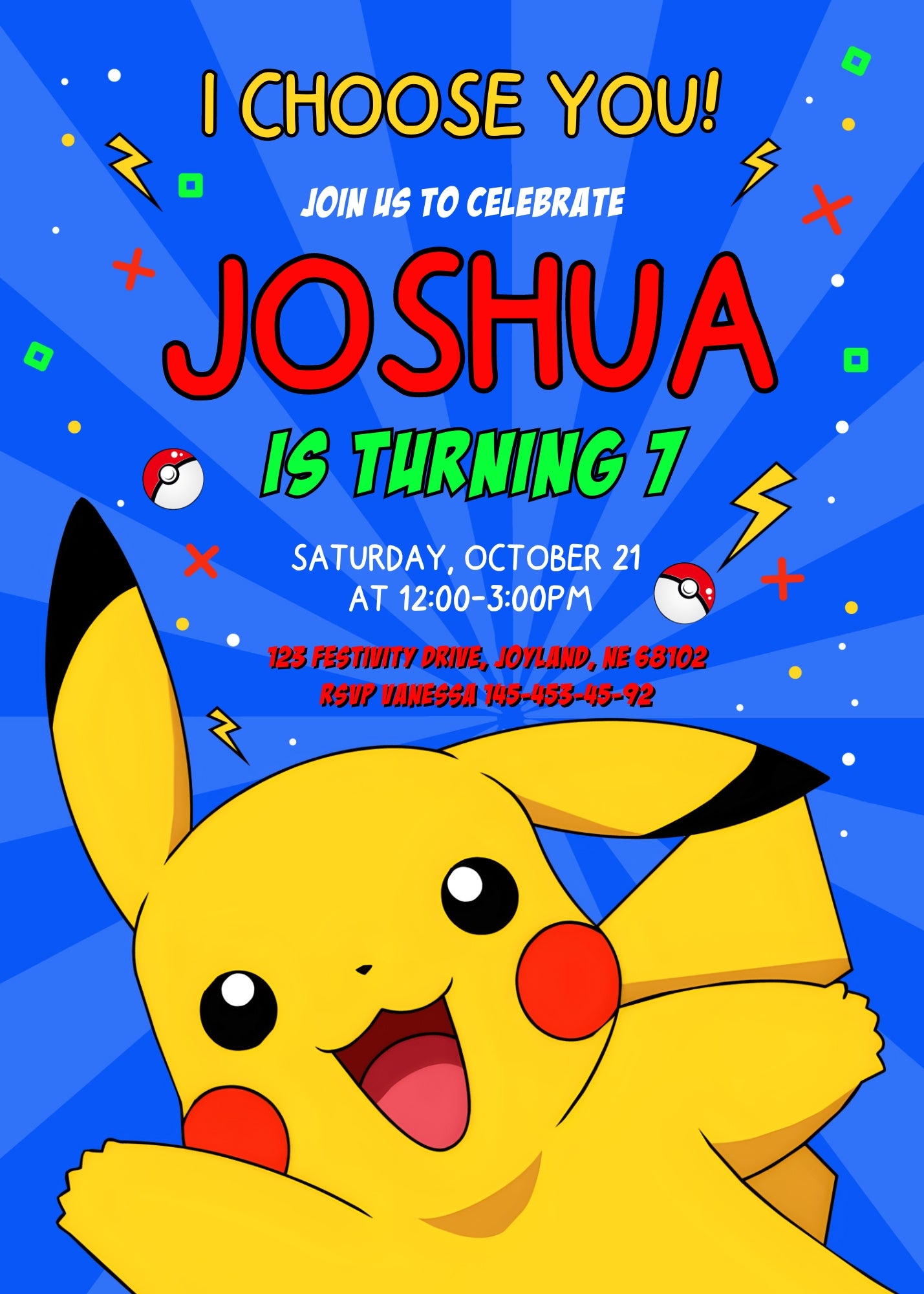 Pokemon Pikachu customizable invitation template | Share or Print | AR517