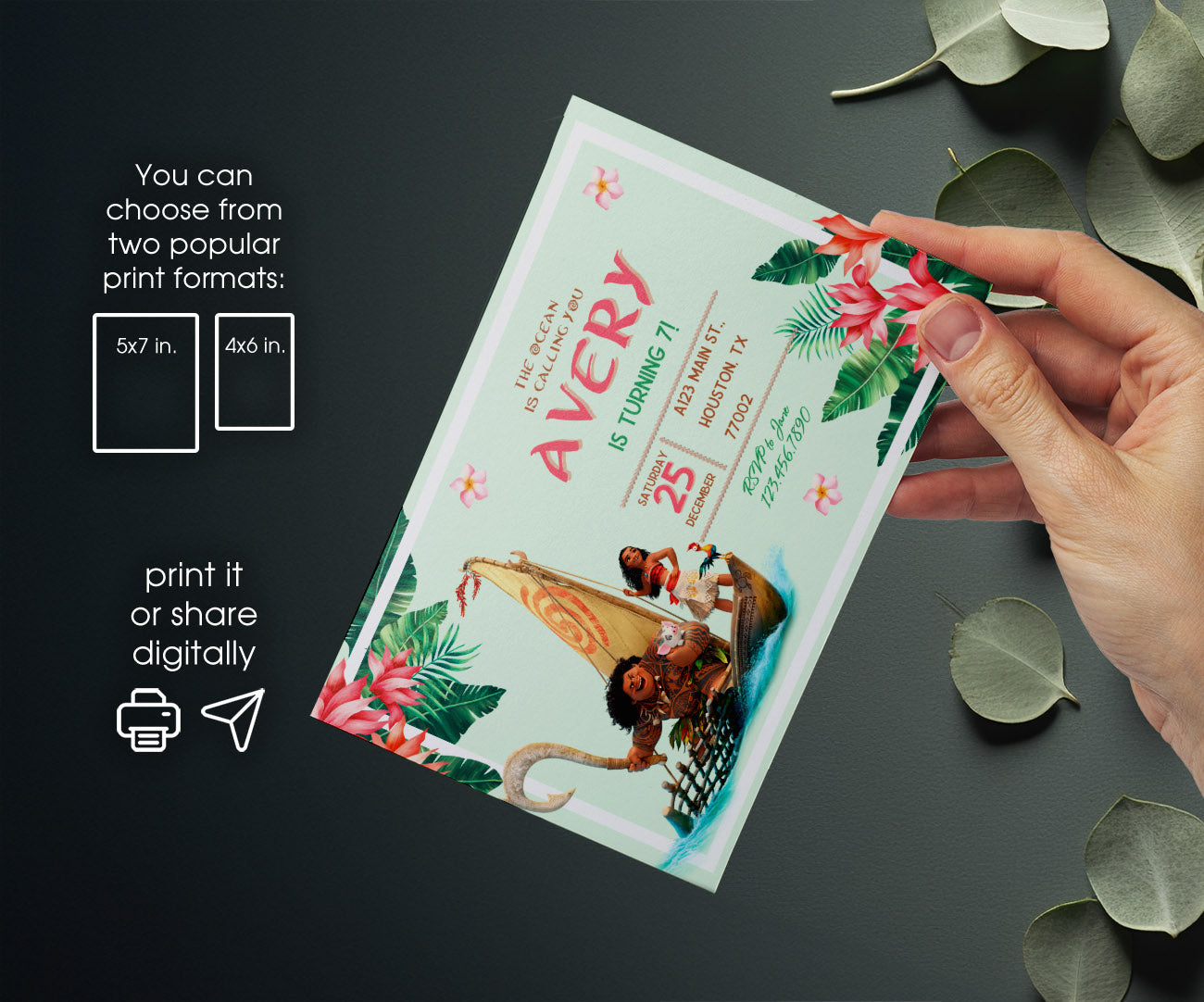 Moana Princess customizable invitation template | Share or Print | girl | MI099