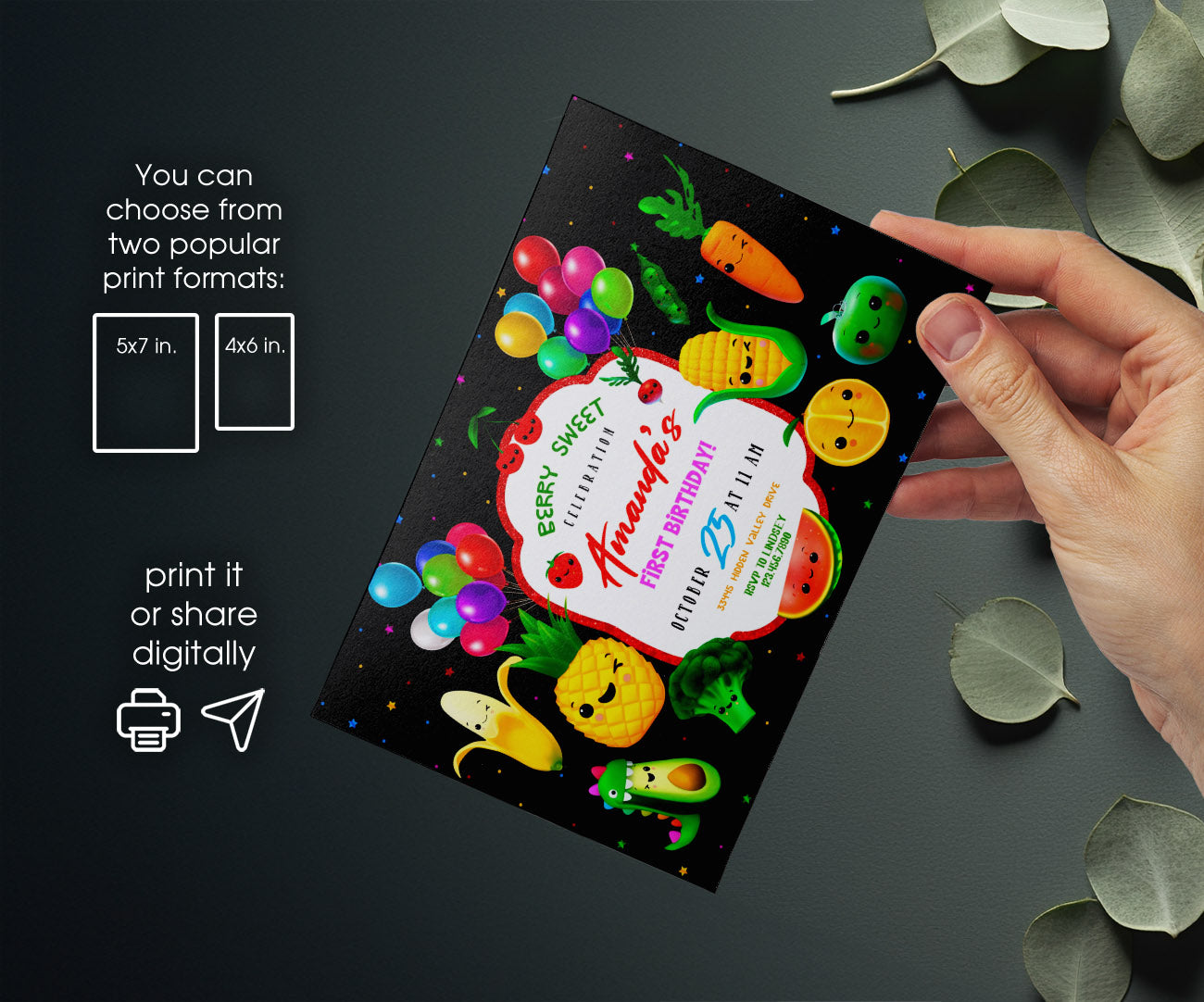 Hey Bear Sensory Dancing Fruits customizable invitation template | Share or Print | PC808