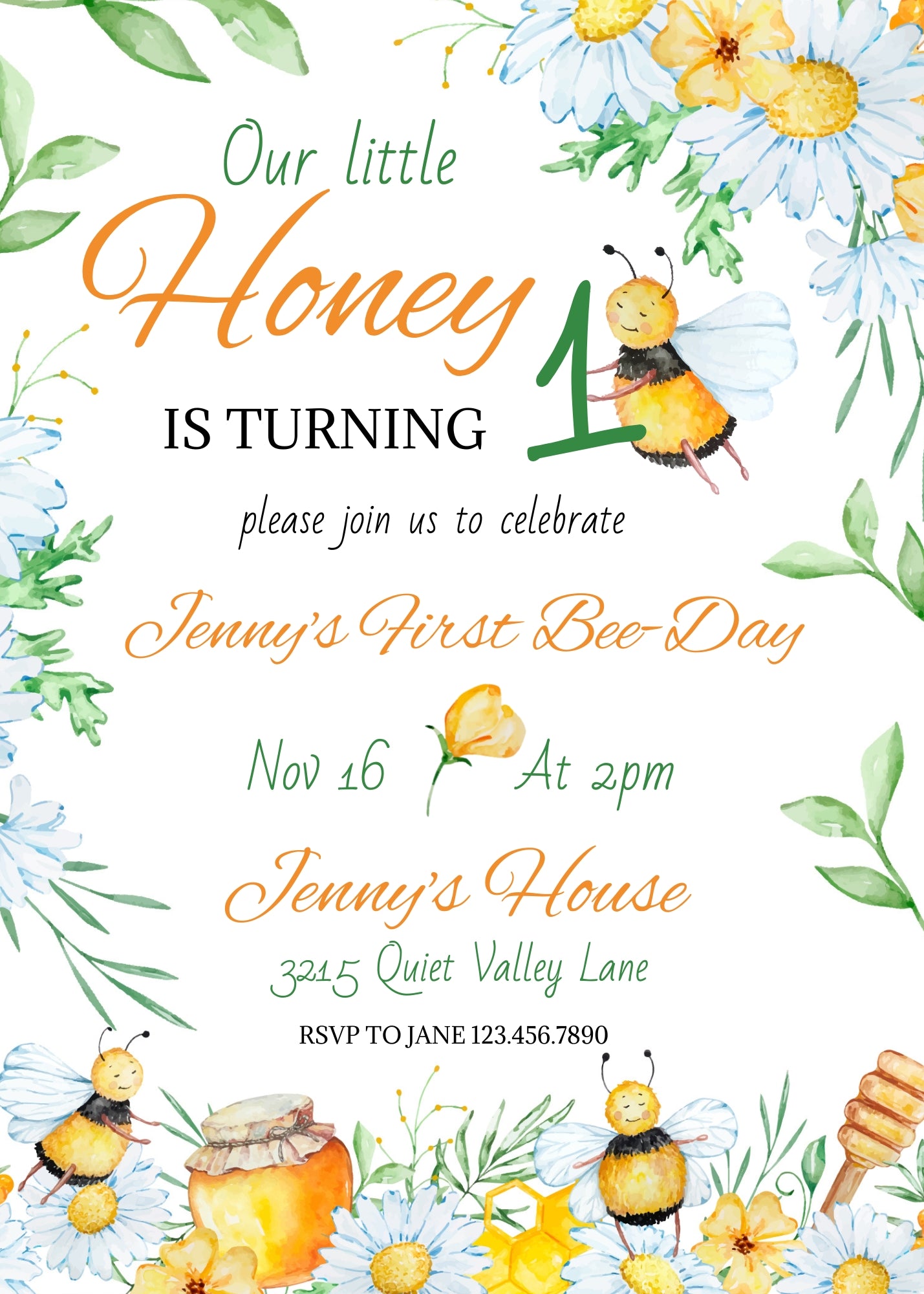 1st Bee Day Party customizable invitation template | Share or Print | PL989