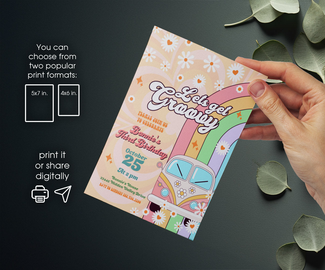 Groovy Retro Van customizable invitation template | Share or Print | UI678