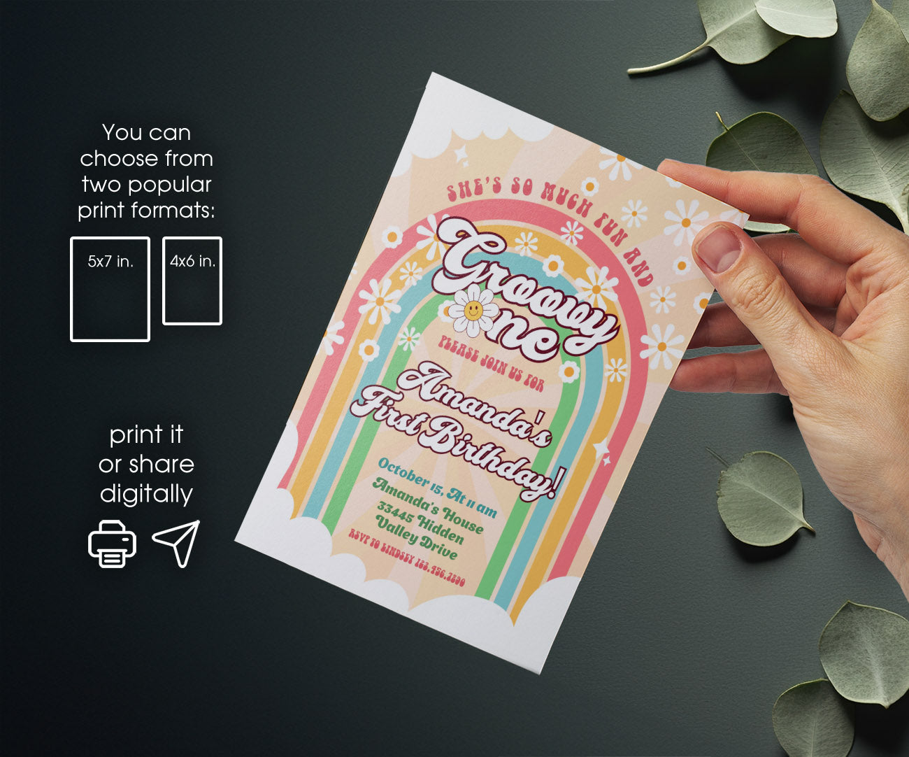 Groovy One First Birthday customizable invitation template | Share or Print | DV429