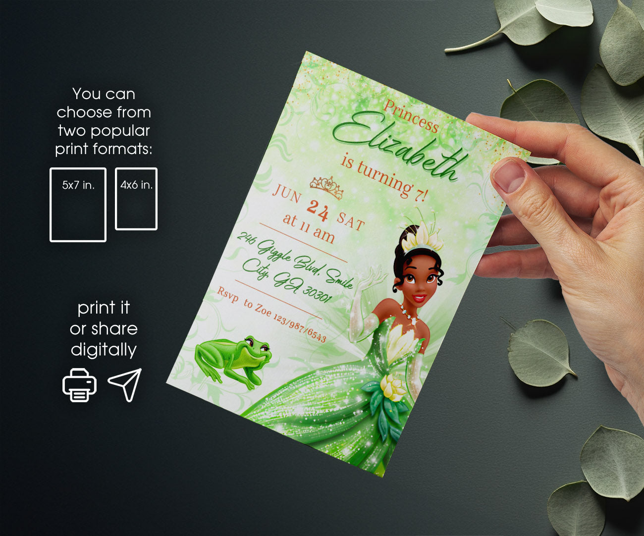 Tiana Frog Princess customizable invitation template | Share or Print | girl | TM536
