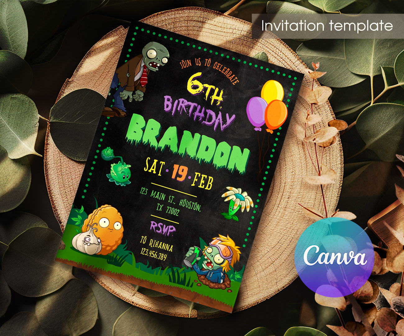 Plants vs Zombies Gamer customizable invitation template | Share or Print | VR348