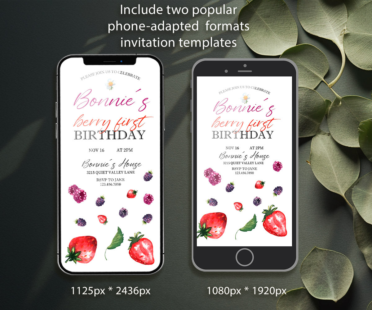 Berry First Birthday customizable invitation template | Share or Print | girl | SN041