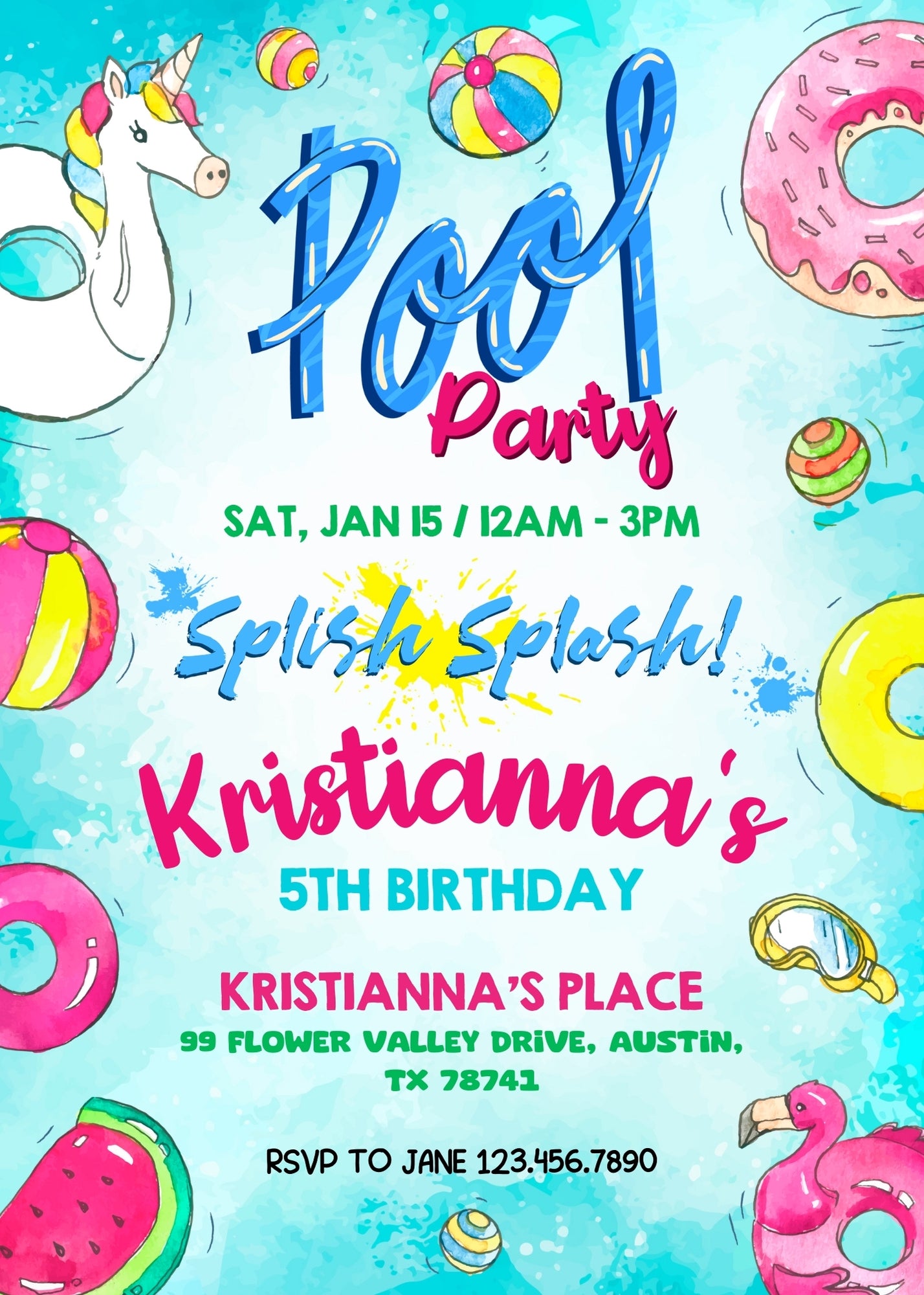Pool Party customizable invitation template | Share or Print | girl | TG554