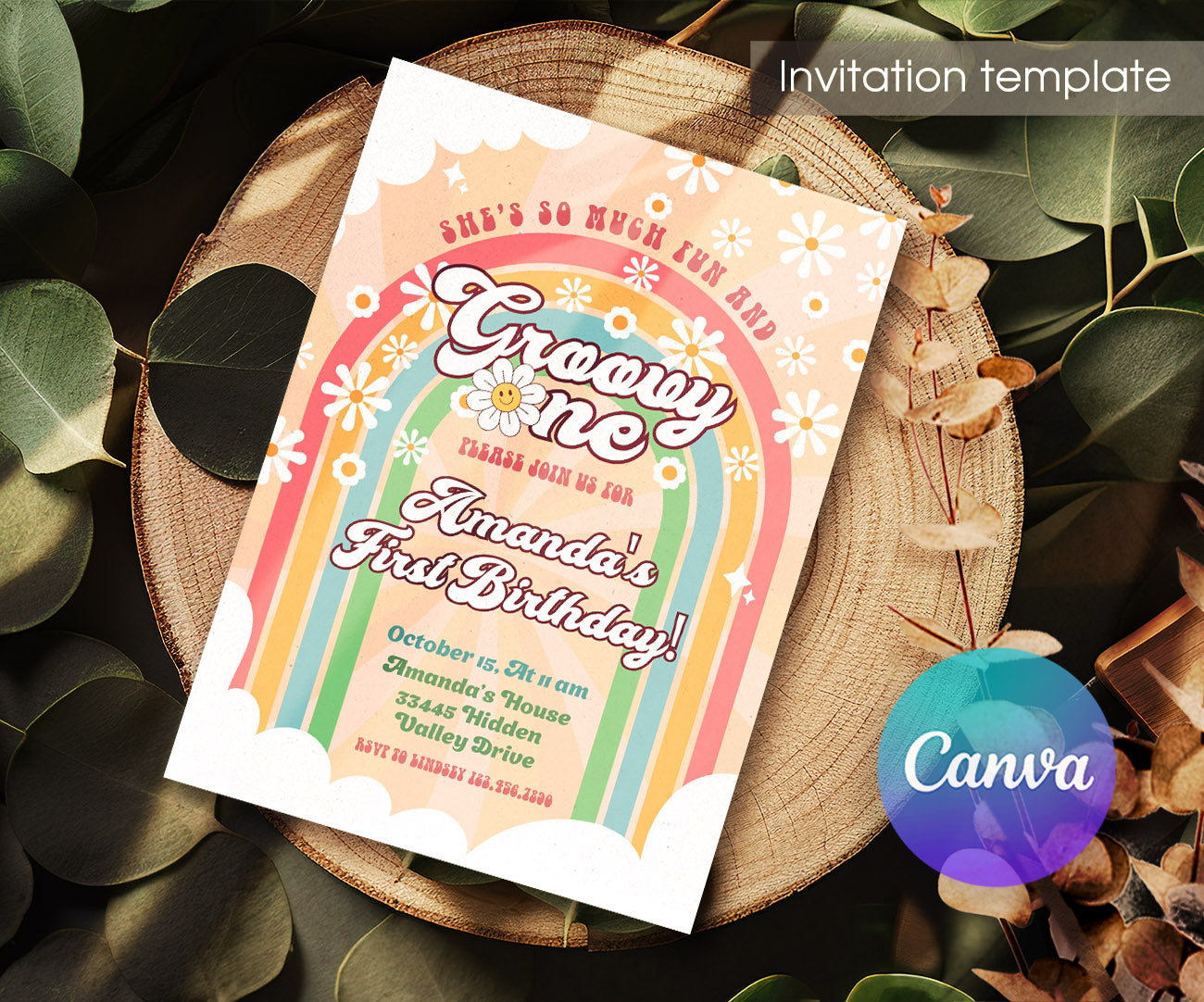 Groovy One First Birthday customizable invitation template | Share or Print | DV429