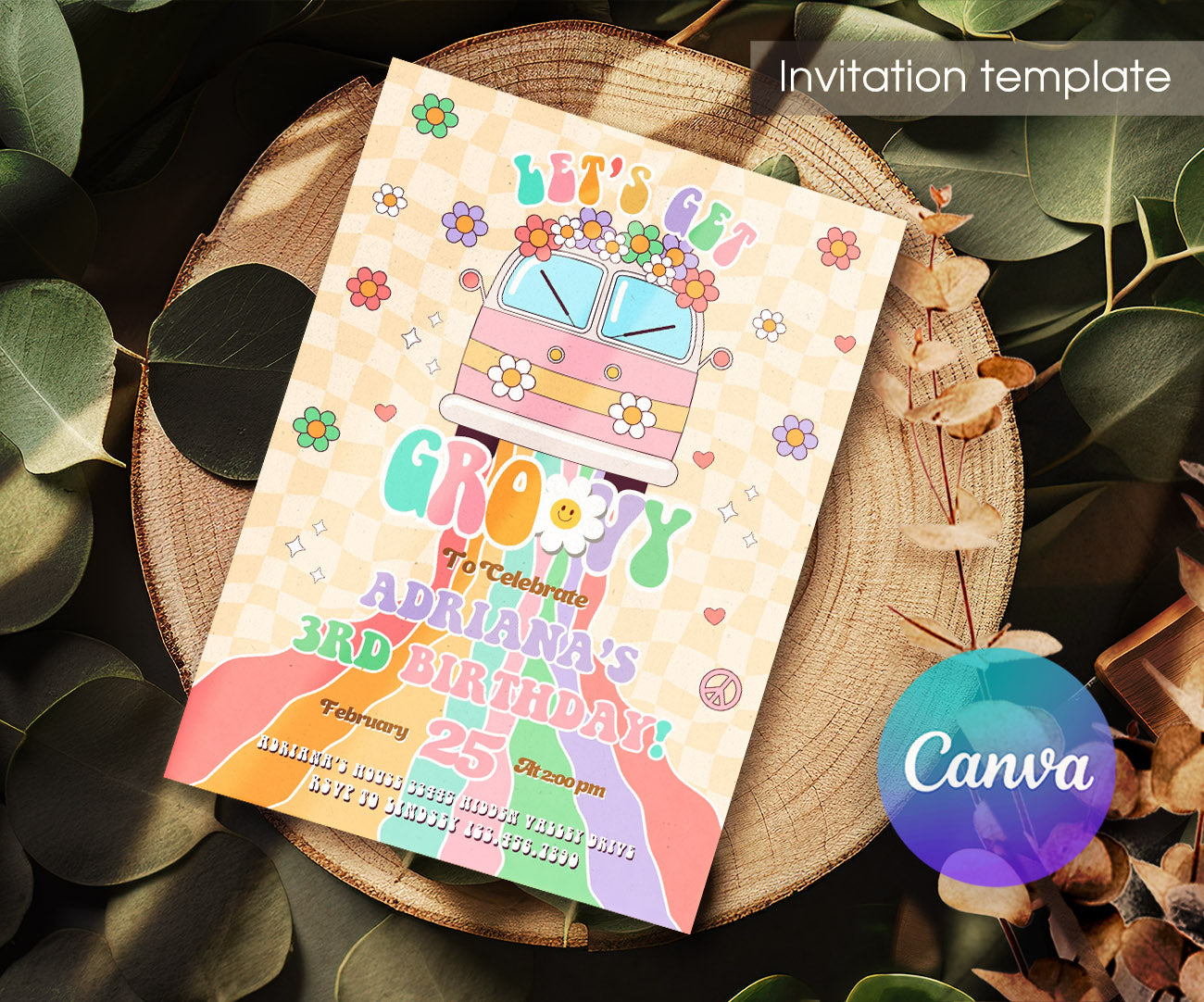 Groovy Retro Van customizable invitation template | Share or Print | IR929