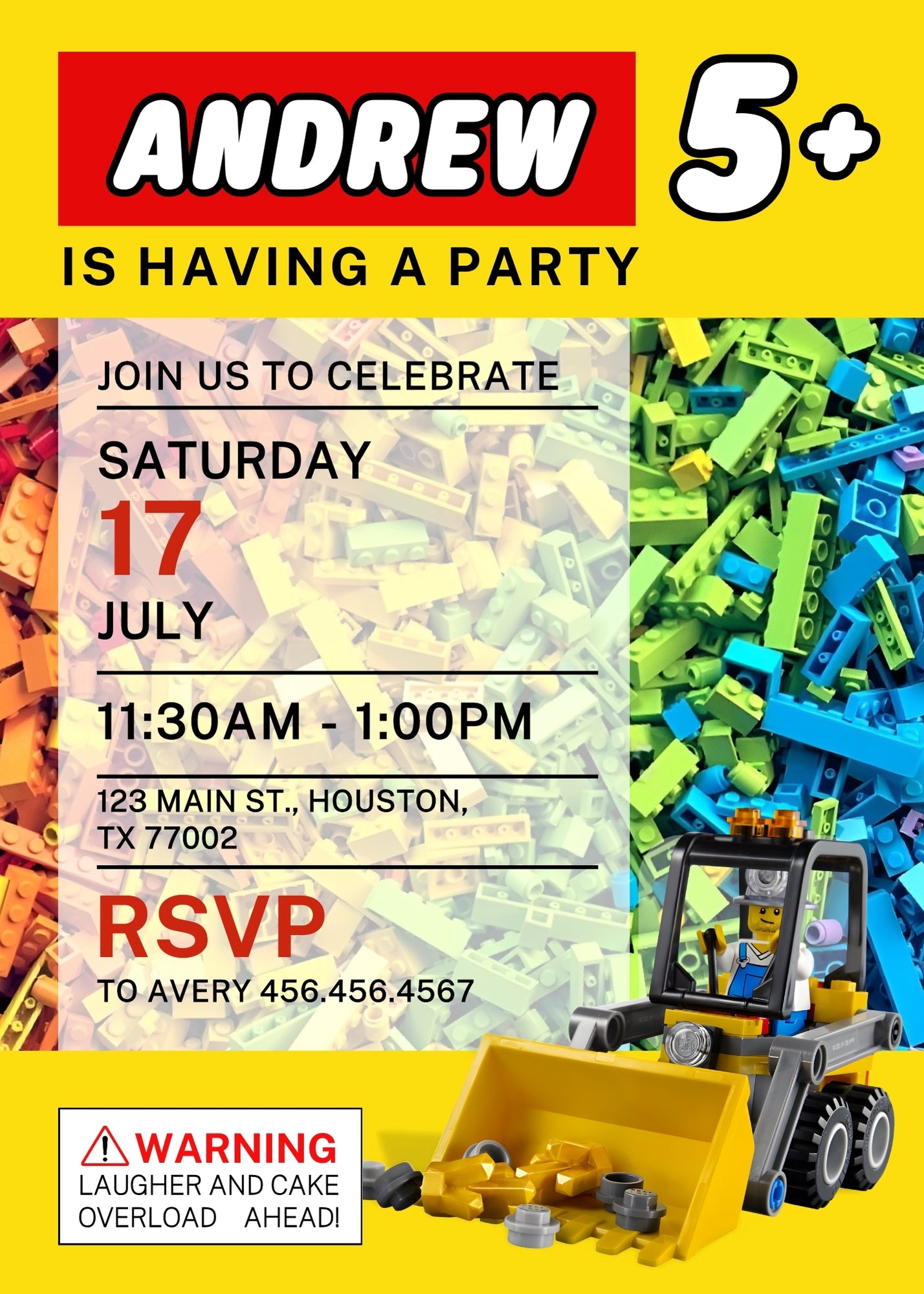 Lego Excavator customizable invitation template | Share or Print | boy | MG097