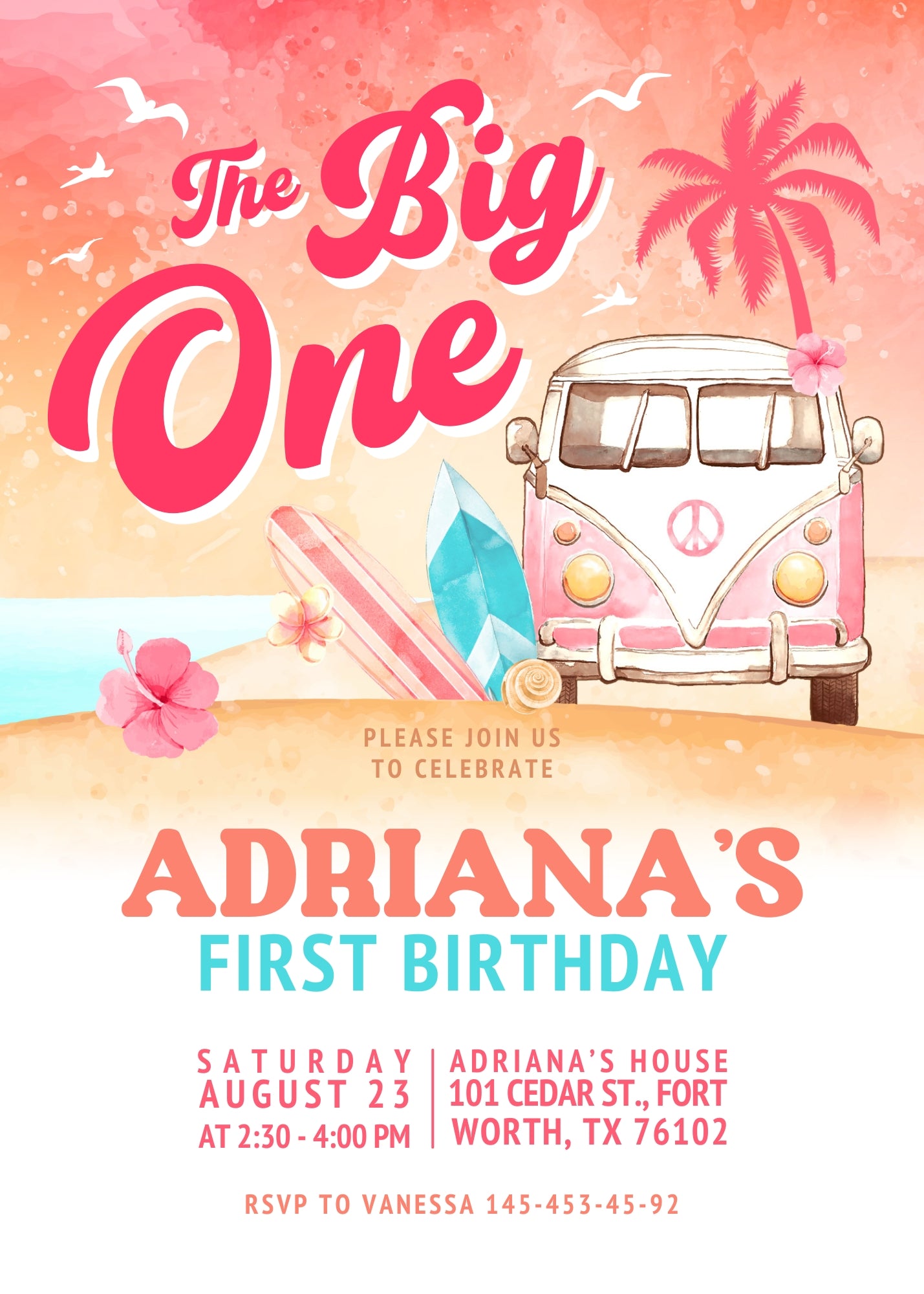 Groovy 1st Surfvan Surfing customizable invitation template | Share or Print | EM338