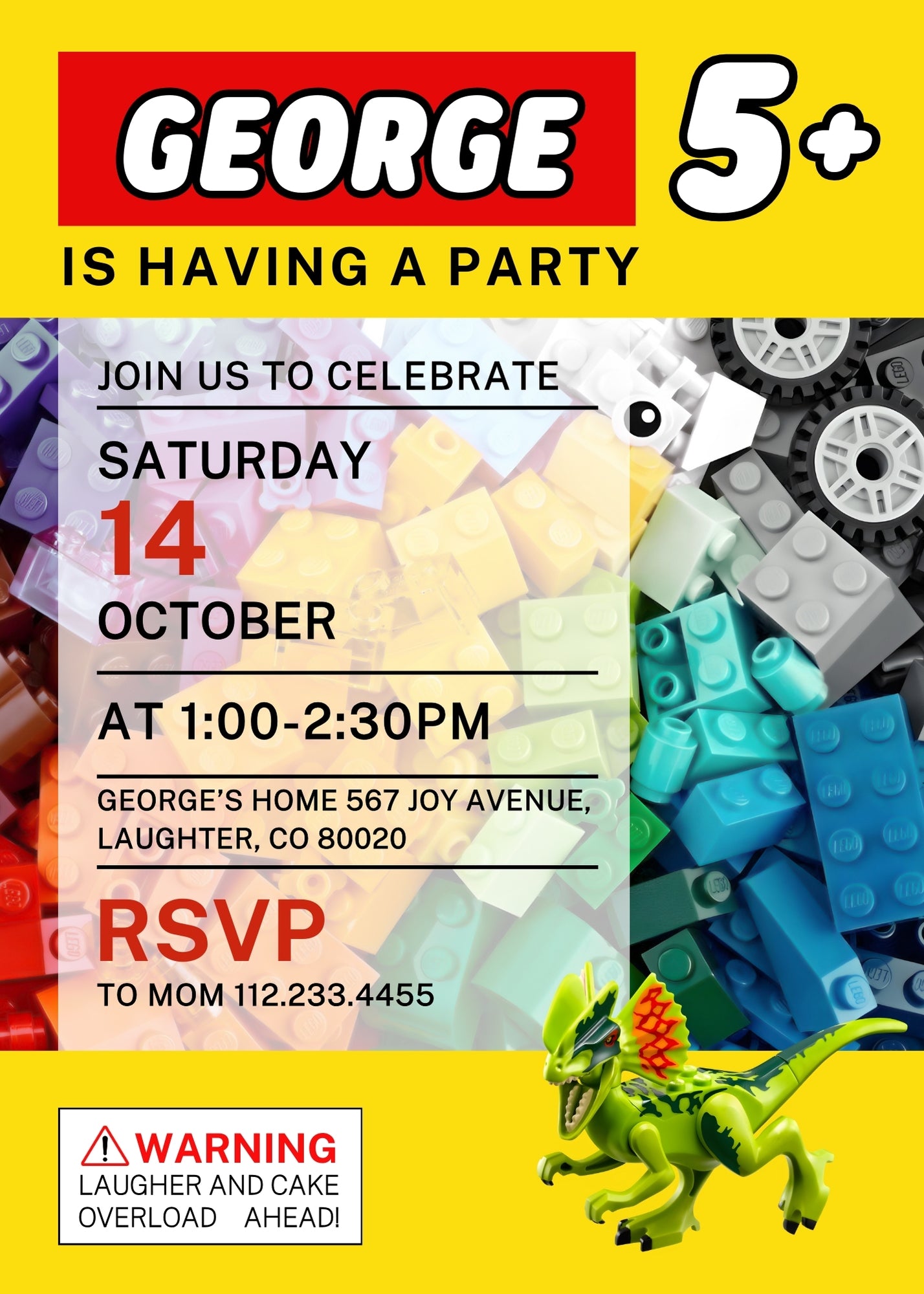 Lego Dinosaur T-Rex customizable invitation template | Share or Print | GA349