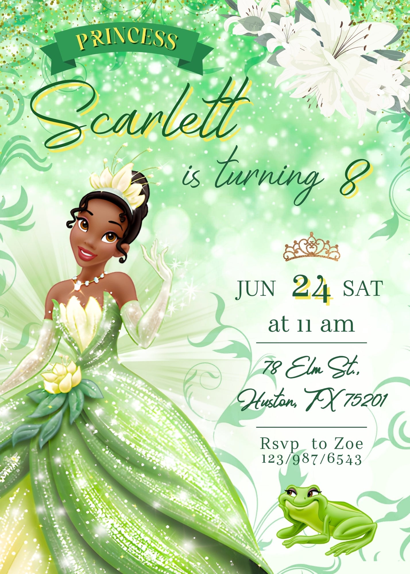 Tiana Frog Princess customizable invitation template | Share or Print | girl | TP496