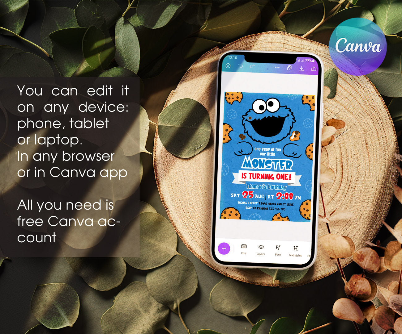 Sesame Street Cookie Monster customizable invitation template | Share or Print | JT322