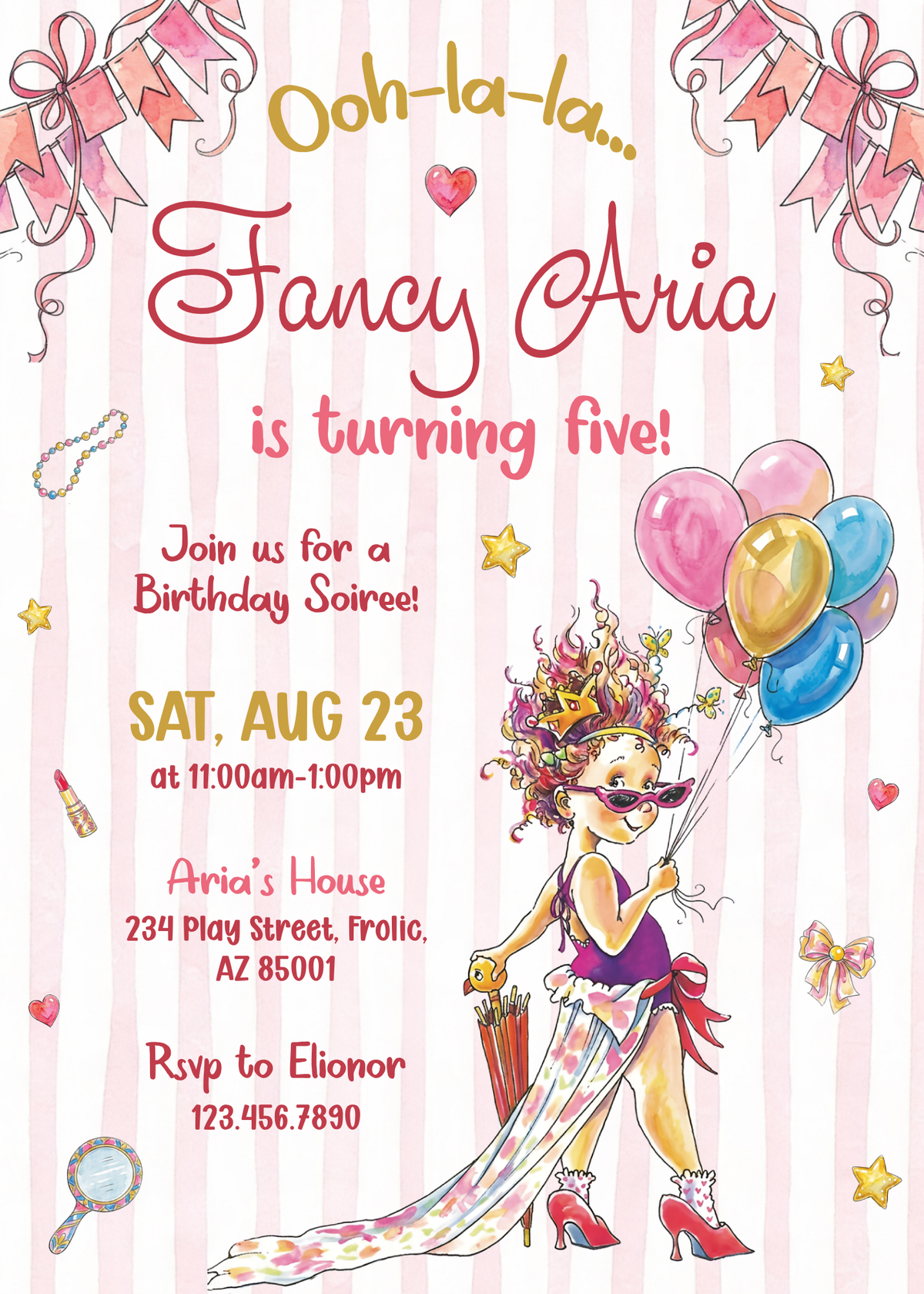 Fancy Nancy Birthday Invitation 02 | Editable Canva Template design preview with sample wording